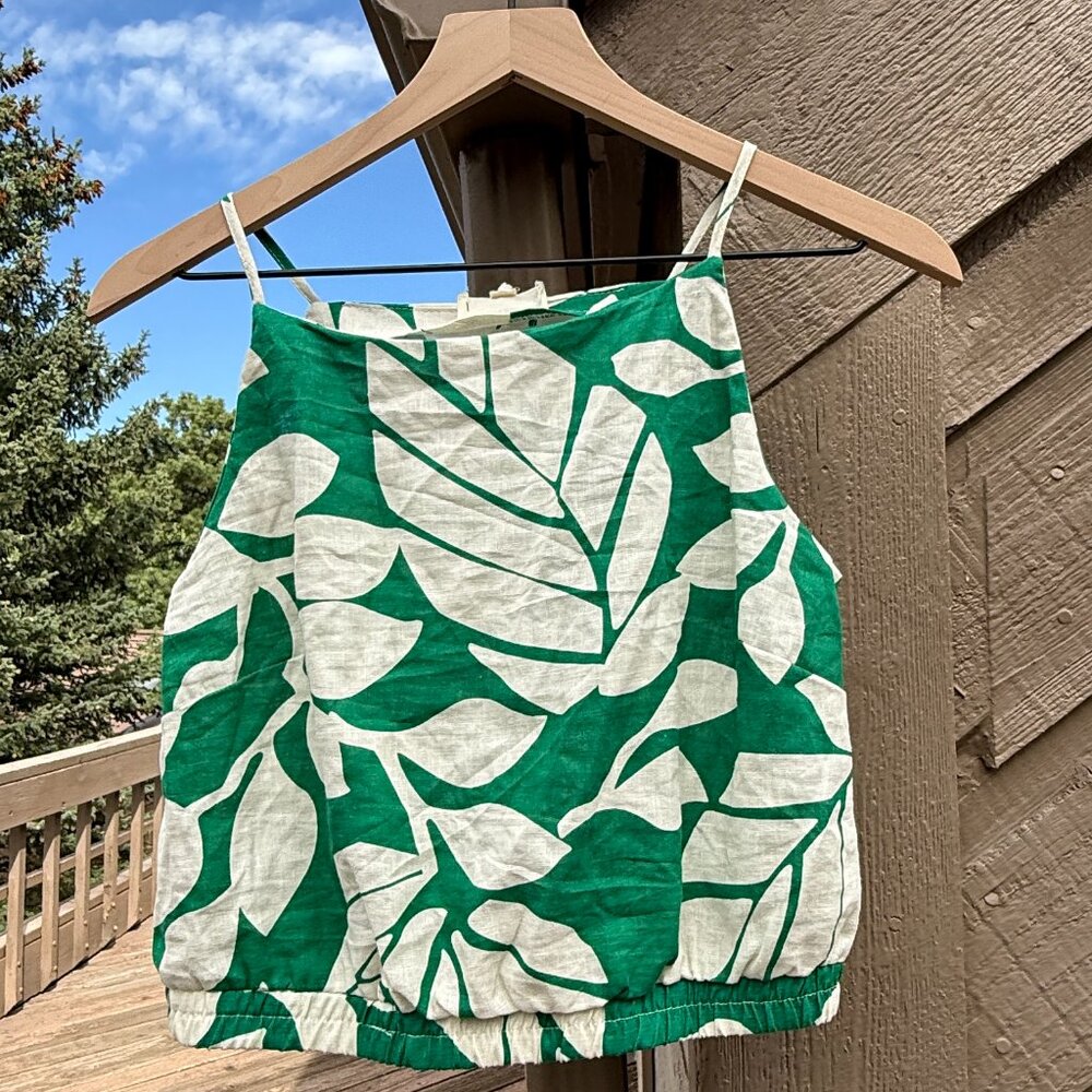 NWT Nicole Miller x Artelier Cropped Linen High-Neck Green Leaf Tank